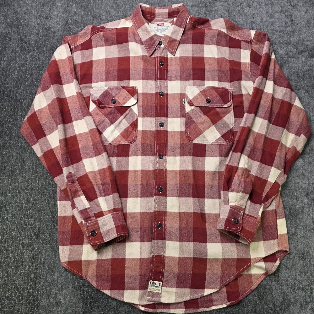 Levis Flannel Shirt Mens Large Red Plaid Double Pocket Camp Hiking Outdoor L